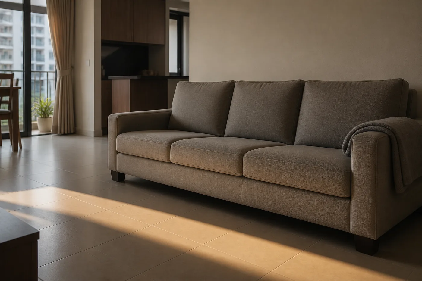 A quiet living room in late afternoon light with cushions squared on a fabric sofa and no equipment in the room