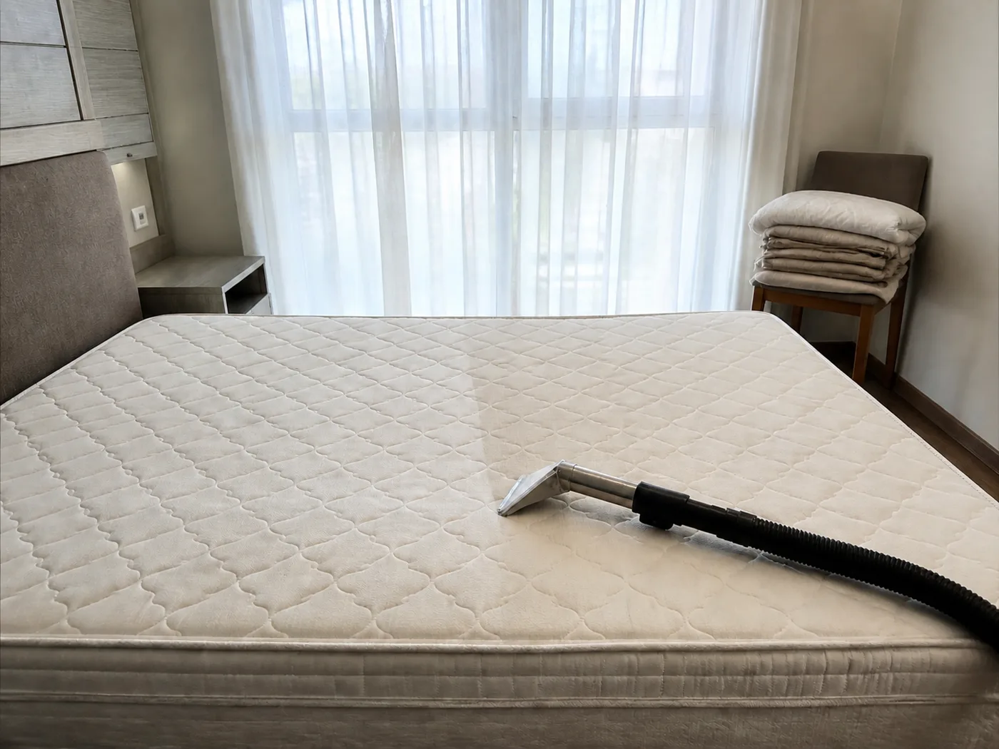 A stripped queen mattress with a cleaning tool resting on it in a bedroom lit by morning light through sheer curtains